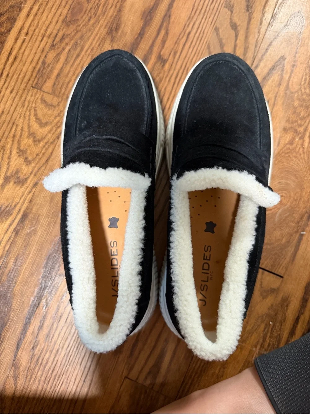 J Slides Black Suede Platform Slip-On with Cream Lining